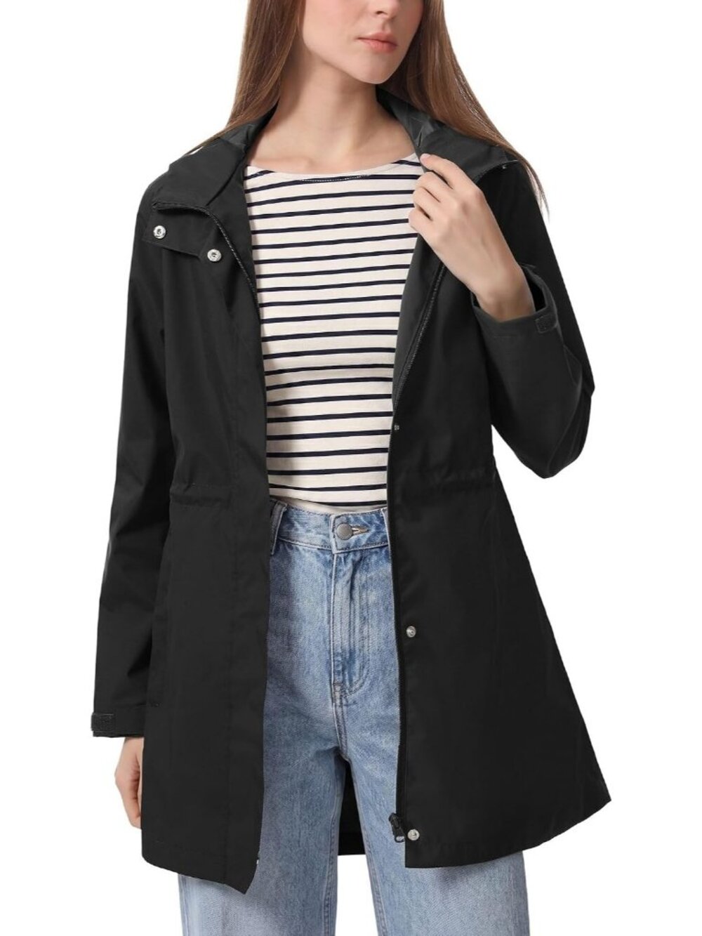 Women's Black Rain Jacket Waterproof Hooded Long Raincoat Zipper Pockets